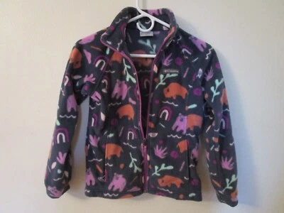 Columbia Girls M 10-12 Jacket Sweater Fleece Gray Pink Buffalo Bear Print Zip - Image 1 of 4