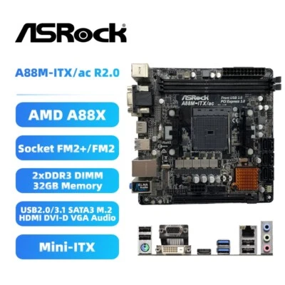 ASRock A88M-ITX/ac R2.0 Motherboard Mini-ITX AMD A88X FM2+/FM2 DDR3 SATA3 HDMI - Image 1 of 4