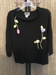Curio Anthropologie Black Cotton Blend Sweater Applique Roses 3/4 Sleeve L - Picture 1 of 6