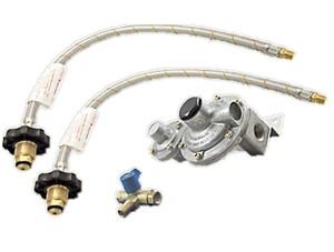 LPG REGULATOR KIT TWIN STAGE 280MJ SUIT CARAVAN AND HOME USE (W/FLEX HANDWHEEL) - Picture 1 of 8