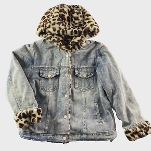 12PM by Mon Ami Jeansjacke Gepardbesatz gefüttert Faux Sherpa Größe Large Animal - Bild 1 von 14