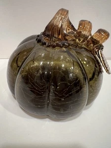 Ashland  Hand Blown Glass Green Crackle Pumkin  Amber stem 5.5” R X 4.5”T - Picture 1 of 12
