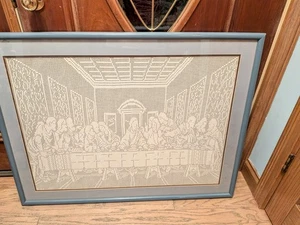 RARO De Colección LA ÚLTIMA CENA Crochet ENCAJE Panel Enmarcado 33"x25" Marco 41"X31 - Imagen 1 de 9