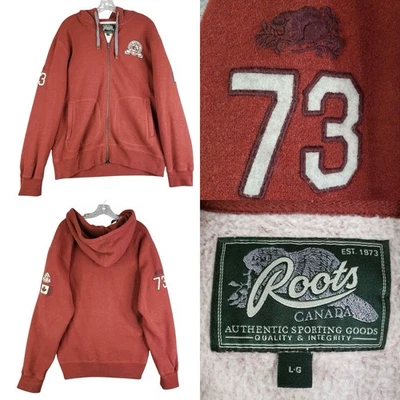Roots Canada Sweatshirt Men's Size Large L Full Zip Hoodie Orange Sherpa Lined - Image 1 of 4