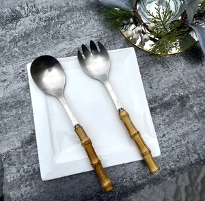 Nature Real Bamboo Handle Serving Set 10 inch Salad Spoon and fork 2-Piece Se... - Picture 1 of 7