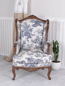 Ohrensessel Vintage Ohrenbackensessel Kaminsessel Sessel Toile de jouy - Bild 1 von 4