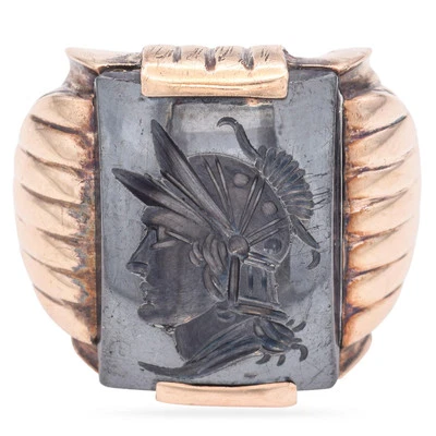 Anillo Soldado Romano Vintage Oro Amarillo 10k Hematita Intaglio Foto 1 de 4