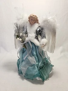 Christmas Angel Tree Topper Feather Wings Green Dress - Picture 1 of 11