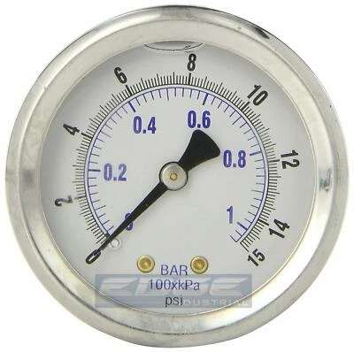 LIQUID FILLED PRESSURE GAUGE 0-15 PSI, 2" FACE, 1/4" BACK MOUNT - Image 1 of 3
