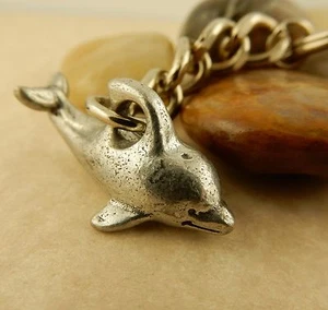 Adorable Antique Vintage Pewter 3D Dolphin keychain, key tag - Picture 1 of 3
