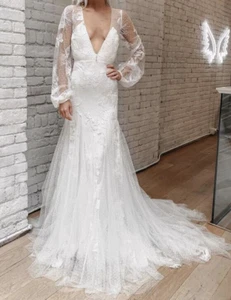 Alexandra Grecco Felix Wedding Dress 4 Off-White Lace Boho Bubble Sleeve - Picture 1 of 8