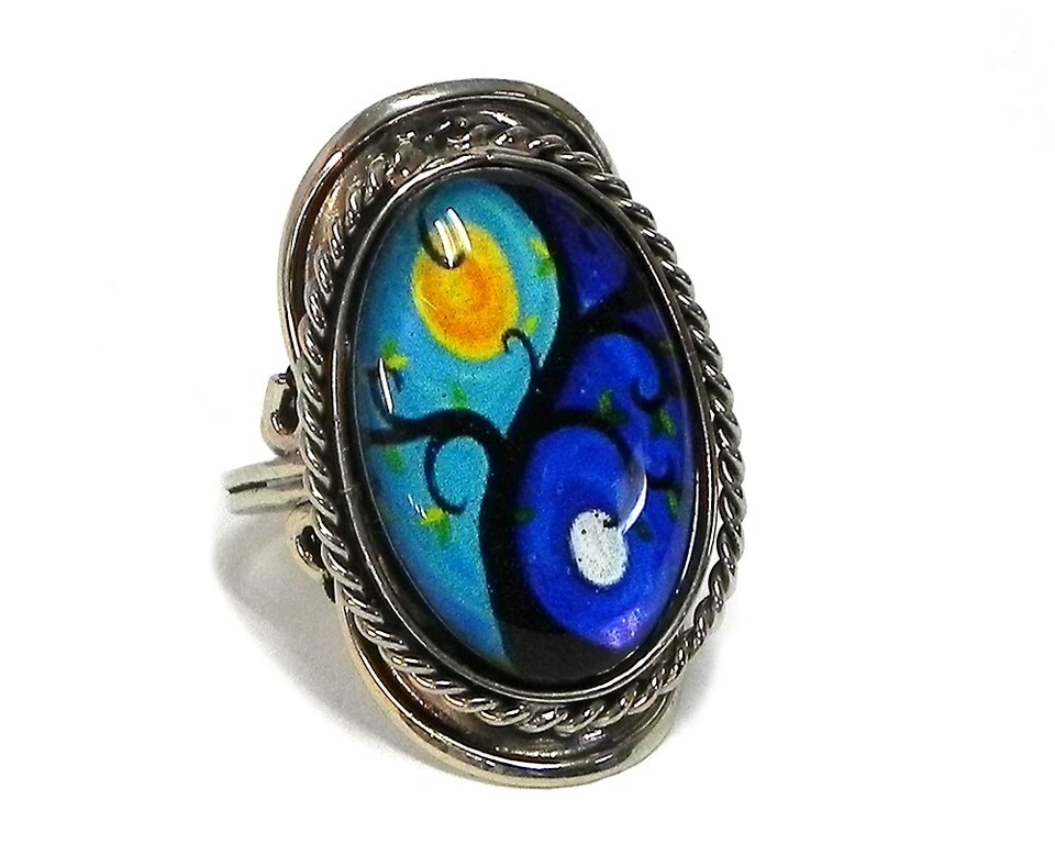 Sun and Moon Tree Silver Metal Adjustable Ring Boho Spiritual Nature Art Jewelry Foto 1 de 1