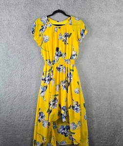 Womens Ciffon Dress Butter Yellow Blue Floral Asymmetrical Dainty Boho Country - Picture 1 of 9
