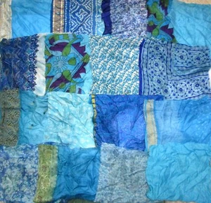 BBI LOT PURE SILK Antique Vintage Sari Fabrics REMNANT 24 pcs 8" SQUARES Aqua - Picture 1 of 1
