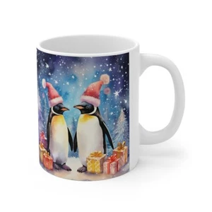 Christmas cute PENGUIN lovers on fantastic snowflake background Matching Mug Cup - Picture 1 of 11