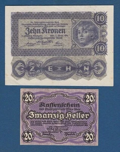 Billetes Austria 10 coronas 1922. + 20 Heller 1920. - ¡2 piezas! - Imagen 1 de 2