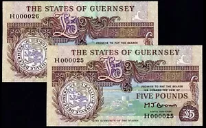GUERNSEY 5 PFUND BRAUN (P53a) LETZTES PRÄFIX H000025/26 AUFEINANDERFOLGENDE PAAR UNC - Bild 1 von 1