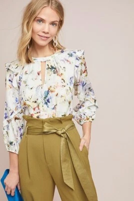 Blusa Anthropologie Dolan Araminta Floral Manga 3/4 con Volantes, Talla XS Foto 1 de 4