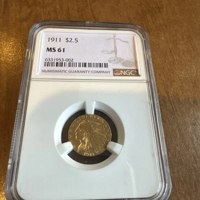 Moneda de oro 1911 de 2,5 dólares con cabeza india cuarto de águila NGC MS62 sin circular Foto 1 de 2