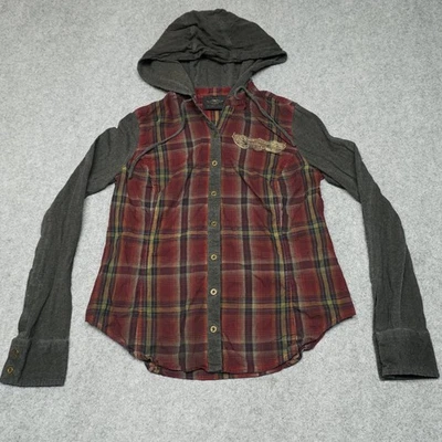 Harley Davidson Women's Medium Plaid Hoodie Button Up Cotton Top - Image 1 of 4