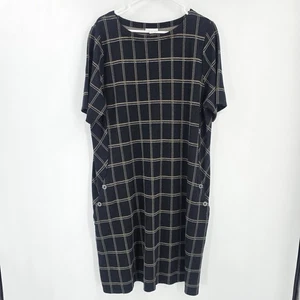 J Jill Ponte Robe Tricot Plaid Manches Courtes Poches Décontracté Col Bateau Noir 2X - Photo 1/7