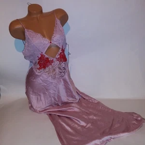 Victoria Secret Lingerie Chemise Slip Abito Lungo Grande Rosa Raso Tinta Unita Bordo in Pizzo - Foto 1 di 11
