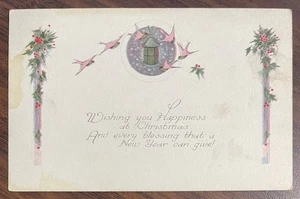 Cartolina Auguri Felicità a Natale e Capodanno Uccellini e Vischio - Foto 1 di 2