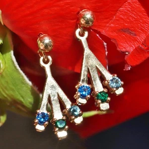14k y/gold earrings 0.18ct lab created multi gemstone 0.72" dangle 1.46gr N3792 - Picture 1 of 24
