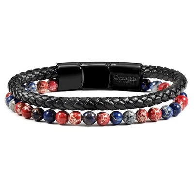 Pulsera de cuero con cuentas de piedra de jaspe imperial azul y rojo para hombre - 8,25" + 0,5" Ex Foto 1 de 4