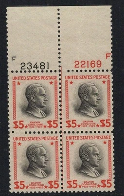 834 ($5.00 Prexy) Plate Block Mint, og, Never Hinged/Free Shipping - Image 1 of 2