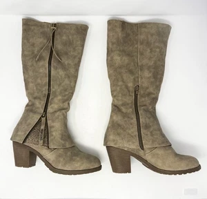 MUK LUKS Lacy Boot Size 9 Taupe Long Leather Boots Faux Zip Ankles - Picture 1 of 12