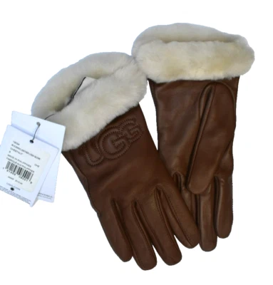 Guantes Ugg para mujer clásicos de cuero con logotipo marrón castaño ribete de piel de oveja pequeños Foto 1 de 4