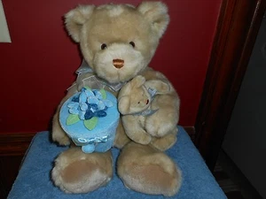 Vintage GUND Plush Teddy BEAR 12" Stuffed BABY Blue Velour Flower Gift Box 1980 - Picture 1 of 12