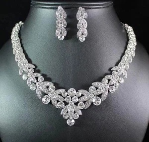 FLORAL CLEAR AUSTRIAN RHINESTONE CRYSTAL NECKLACE EARRINGS SET BRIDAL PROM N1601 - Picture 1 of 6