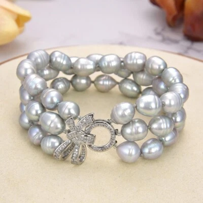 Браслет женский женский модная бижутерия натуральный жемчуг 8 дюймов 3 ряда серый рис жемчуг - Изображение 1 из 4