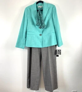 Le Suit 2PC Pant Suit Womens 16 Gray Blue Blazer Button Long Sleeve Water Lilies - Picture 1 of 15