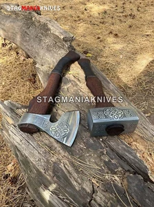 Martillo de guerra vikingo de batalla de acero al carbono forjado a mano y hacha táctica Tomahawk 2 piezas - Imagen 1 de 6
