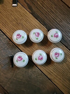 6 botões de gaveta de cerâmica puxadores redondos branco rosa meados do século moderno  - Imagem 1 de 4