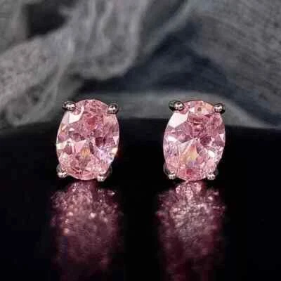 4Ct Oval Cut Lab Created Baby Pink Sapphire Stud Earrings 14k White Gold Plated - Image 1 of 4