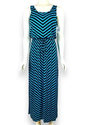 Caslon Maxi Dress Women's Small Petite Blue Black Chevron Stripe Drawstring - image 1 of 4