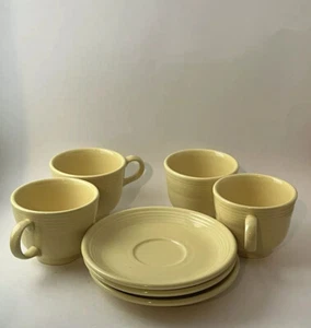 Vintage Set Of 3 Fiesta Ware Pale Yellow Cream Tea Cups Saucers One Extra Saucer - Picture 1 of 4