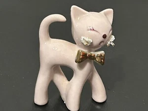 Vintage Pink Cat 1950’s Thames Spaghetti Trim Gold Bow Japan 3 In - Picture 1 of 4