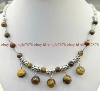 LOVELY NATURAL YELLOW TIGER'S EYE ROUND BEADS PENDANT &TIBET SILVER NECKLACE 18" - Image 1 of 4