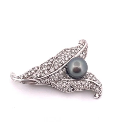 14K White Gold Vintage 2.00CTW Diamond 9.3MM Black South Sea Pearl Brooch 1.75” - Image 1 of 4