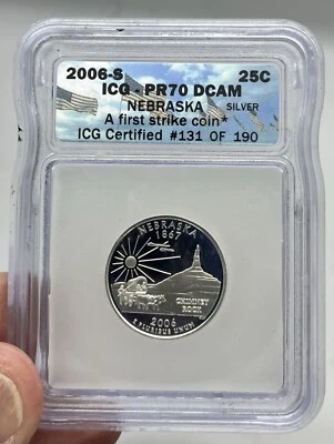 2006 S Silver 25C Nebraska State Quarter PR70DCAM  ICG First Strike #131 Of 190! - Image 1 of 4