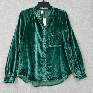 NWT Anthropologie Pilcro Velvet Button-Up Blouse Womens SMALL Emerald Green Top - Picture 1 of 11