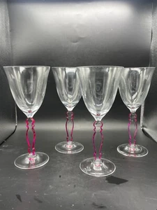 4 clear crystal wine glasses , with flat stems and a hot pink outline - Picture 1 of 11