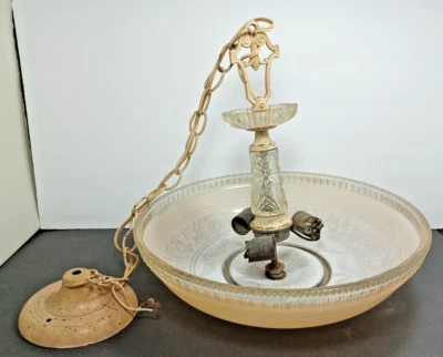 Vtg Art Nouveau Victorian Hanging Ceiling Light Fixture Glass Saucer Shape - Image 1 of 4