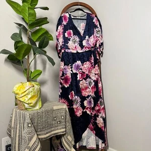 Maxi Abito Kiyonna 3X Cara Blu Rosa Floreale Velluto Avvolgente NUOVO - Foto 1 di 11