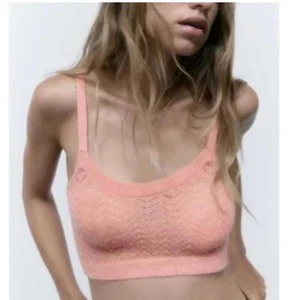 ZARA Pointelle Wolle Alpaka Strick Transparent Crop Tank Top Rosa Large NEU - Bild 1 von 9